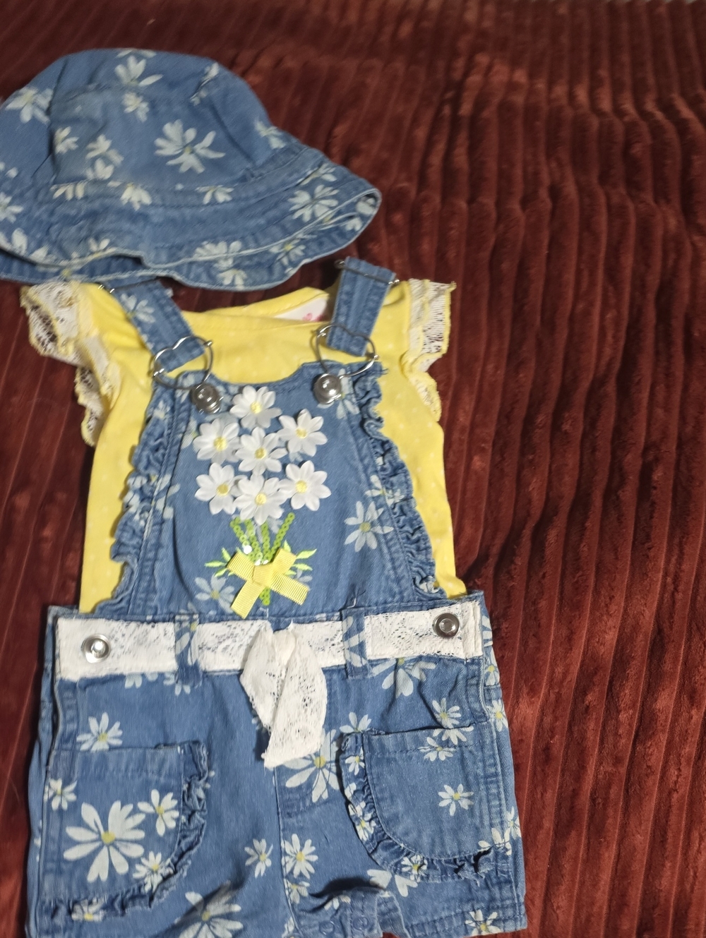 Carter's Blue Floral Denim Short Overalls with Yellow Tee and Matching Hat